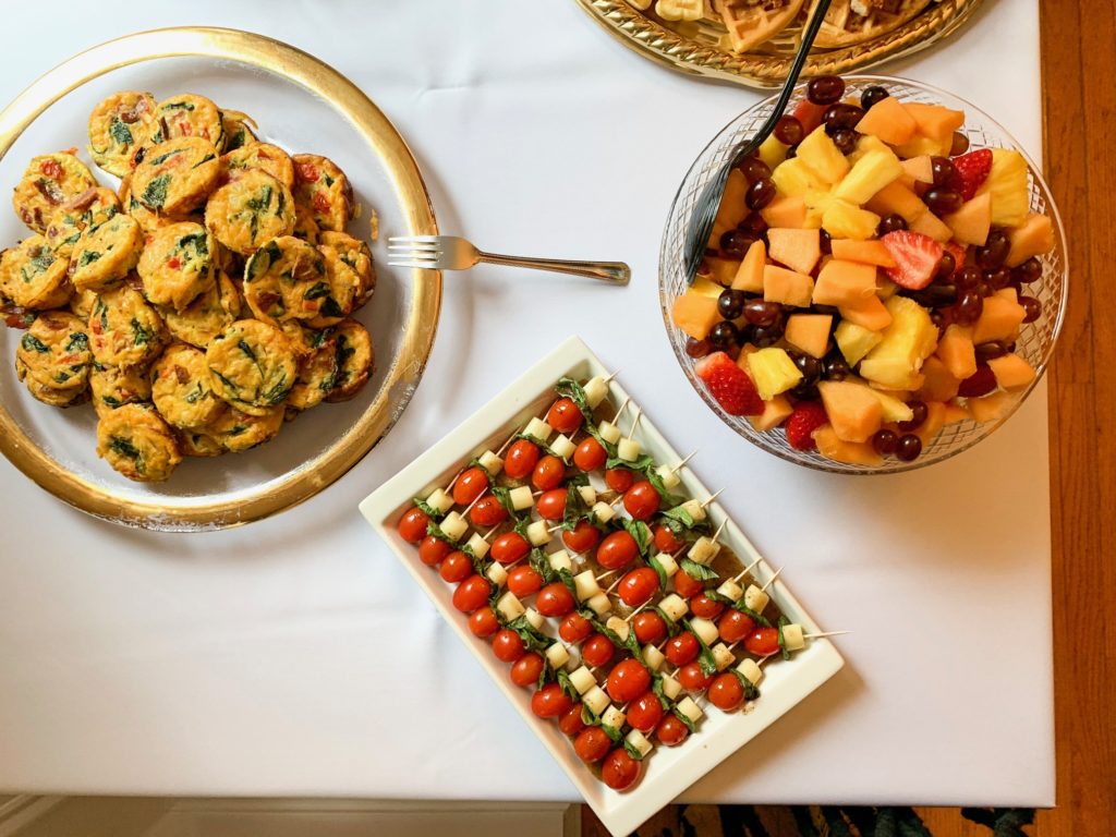baby shower brunch, brunch buffet, Frittatas, fruit bowel, caprese skewers, chicken and waffles, yogurt parfait, mini stacked pancakes