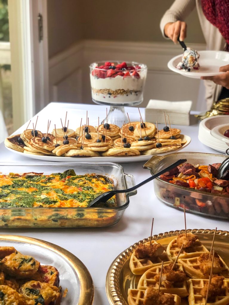 baby shower brunch, brunch buffet, Frittatas, fruit bowel, caprese skewers, chicken and waffles, yogurt parfait, mini stacked pancakes