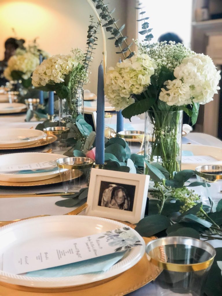 baby shower, dusty blue shower, menu, oh baby, pastel blue, all white shower, hydrangea, roses, eucalyptus, dusty blue candles, frame ultrasound picture 