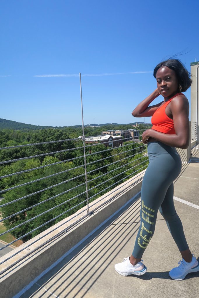 postpartum fitness, fitness mom, at home workout, get fit leggings, orange sports bra