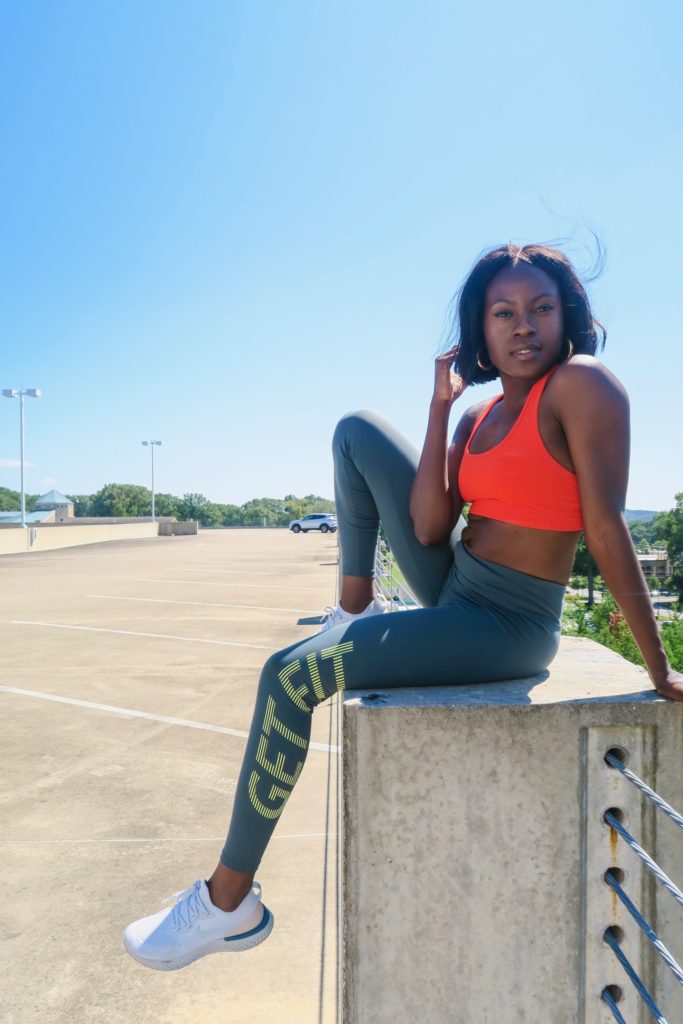 postpartum fitness, fitness mom, at home workout, get fit leggings, orange sports bra