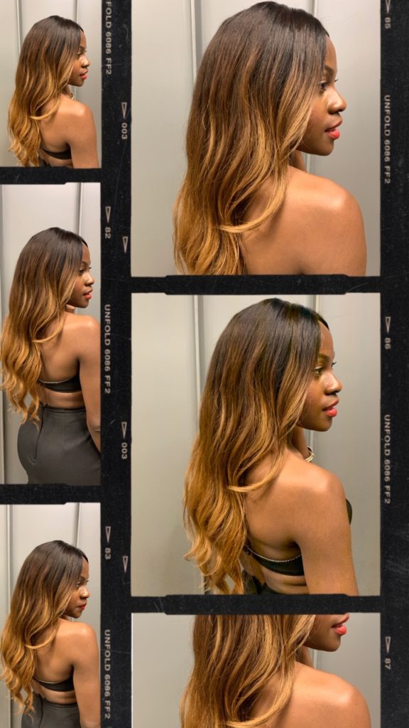 blonde, postpartum shedding, custom unit, hair are us, Indian wavy texture hair, weave, wavy styles, black dress, protective hair style