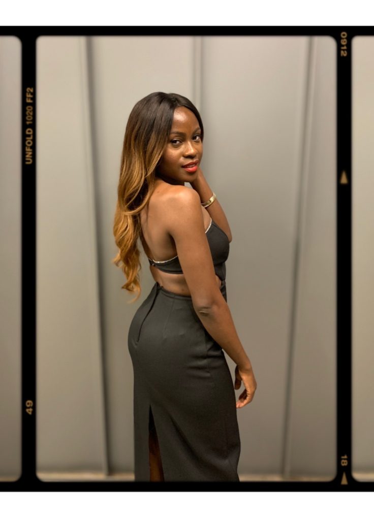 blonde, postpartum shedding, custom unit, hair are us, Indian wavy texture hair, weave, wavy styles, black dress, wedding, protective hairstyle   