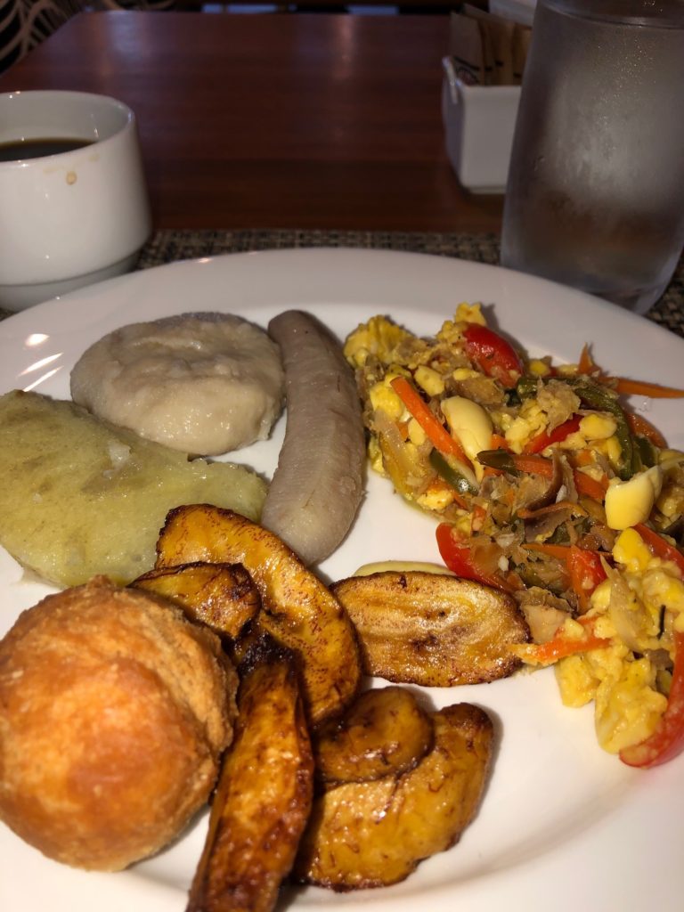 Jamaican food, dumpling, saltfish and ackee, plantains