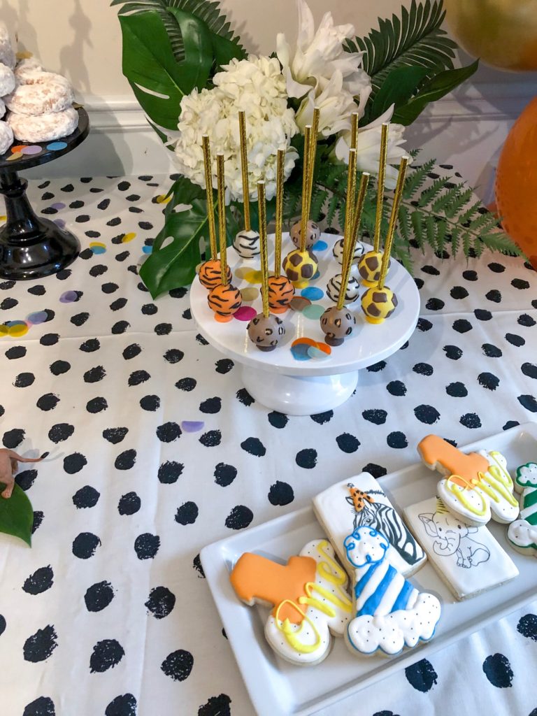 animal print cake pops, animal cookies, tropical florals 
