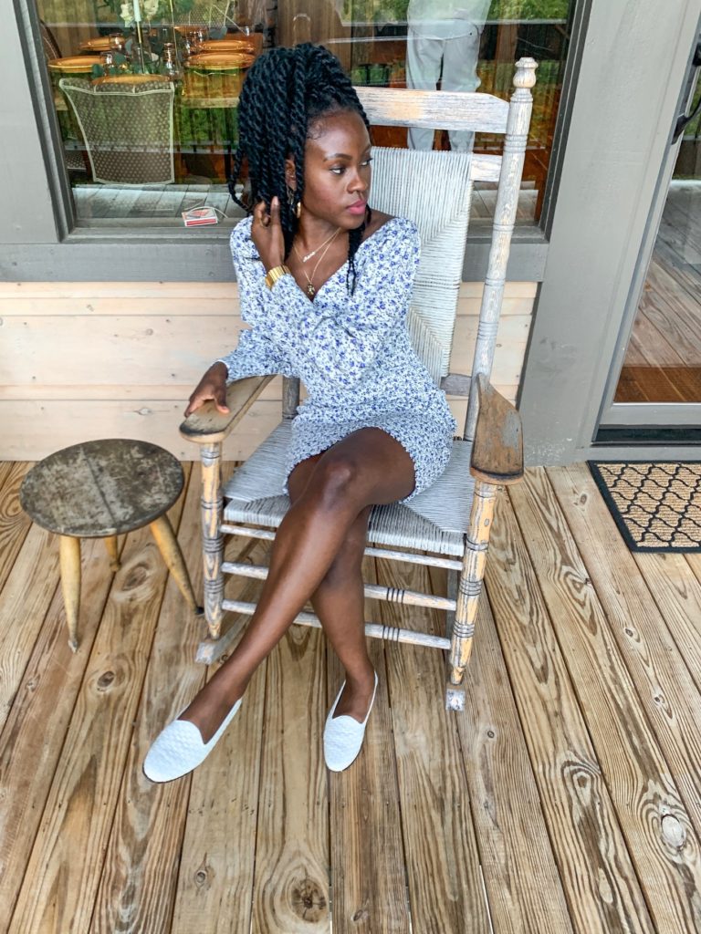 blue and white floral dress, cabin drip dinner, memorial day weekend 