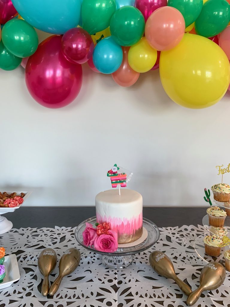 dessert table, piñata, balloon arch, fiesta dessert table