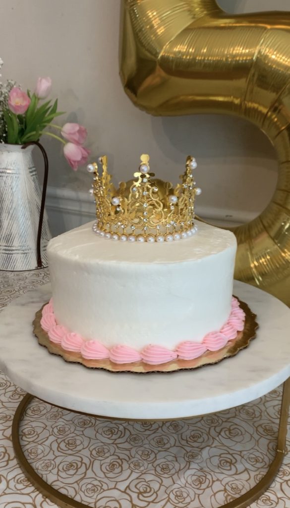 tea party, floral arch, flower arch, party decor, kids birthday party, dessert table, 5th birthday party, teapot with florals, tea cups, birthday cake with crown, cupcakes